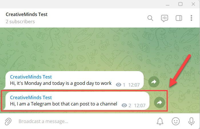 CreativeMinds WordPress Telegram Bot Plugin Bot posts a message to the channel