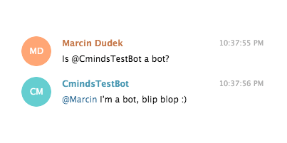 CreativeMinds WordPress Telegram Bot Plugin Bot reacts to the term 'bot' with a predefined message