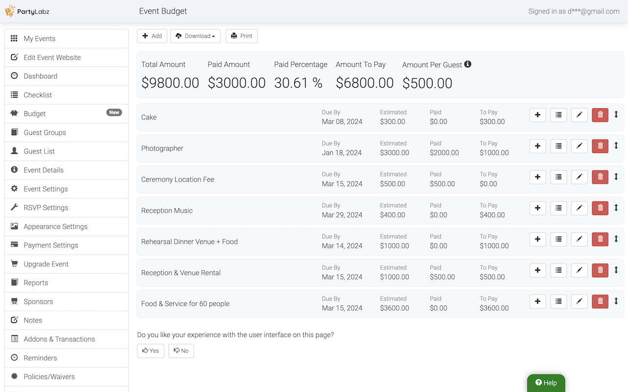 PartyLabz Event Budget Example