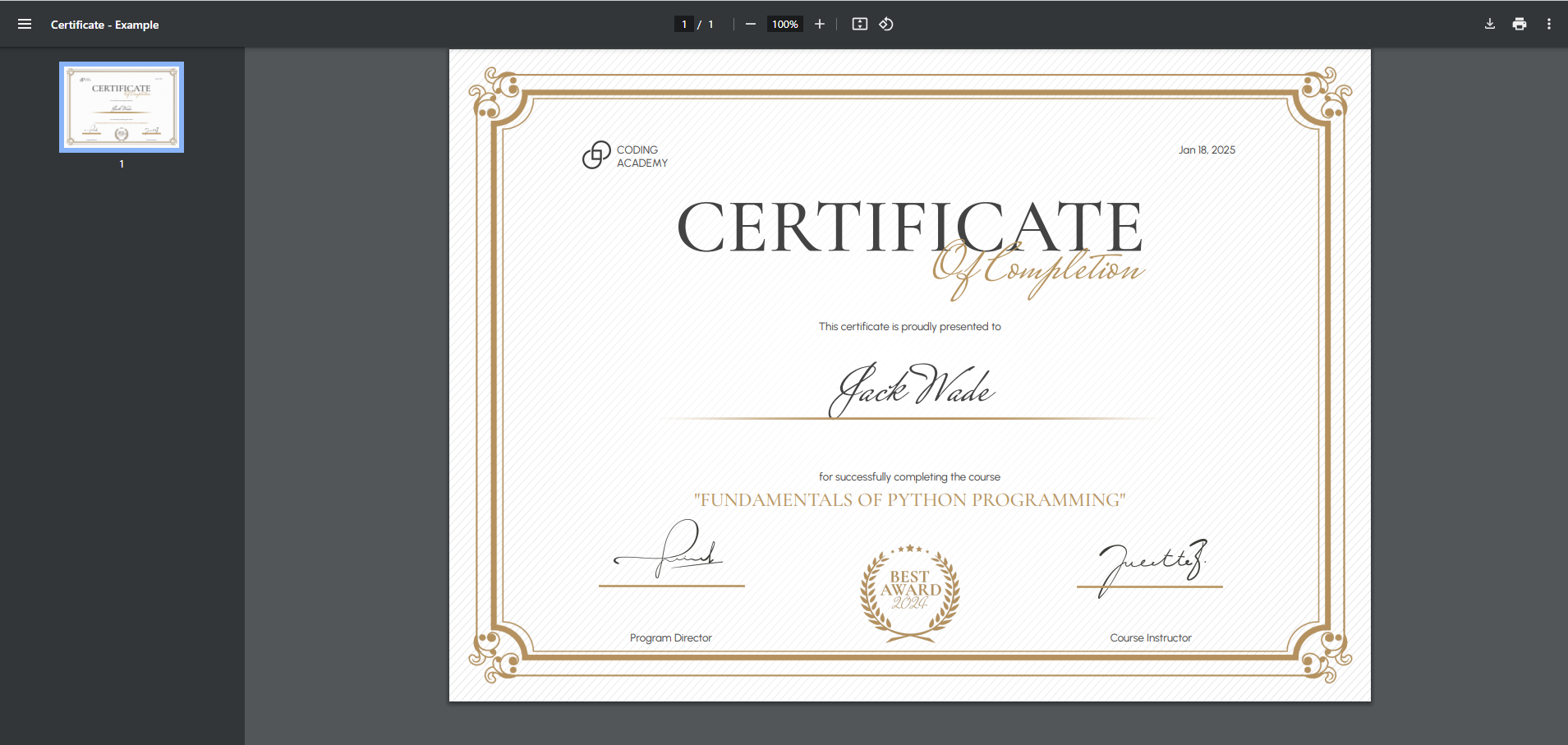 Doxy.ink Generated Certificate Example