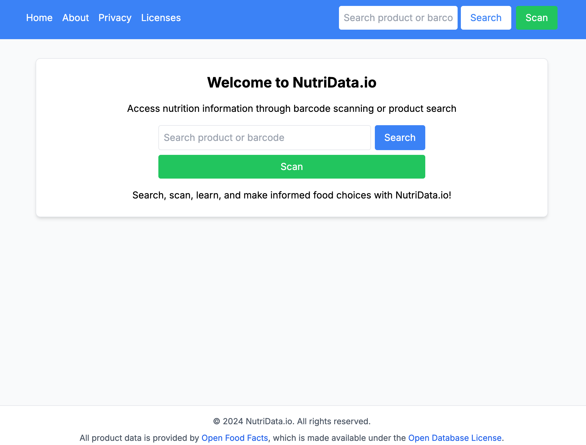 NutriData.io Front page