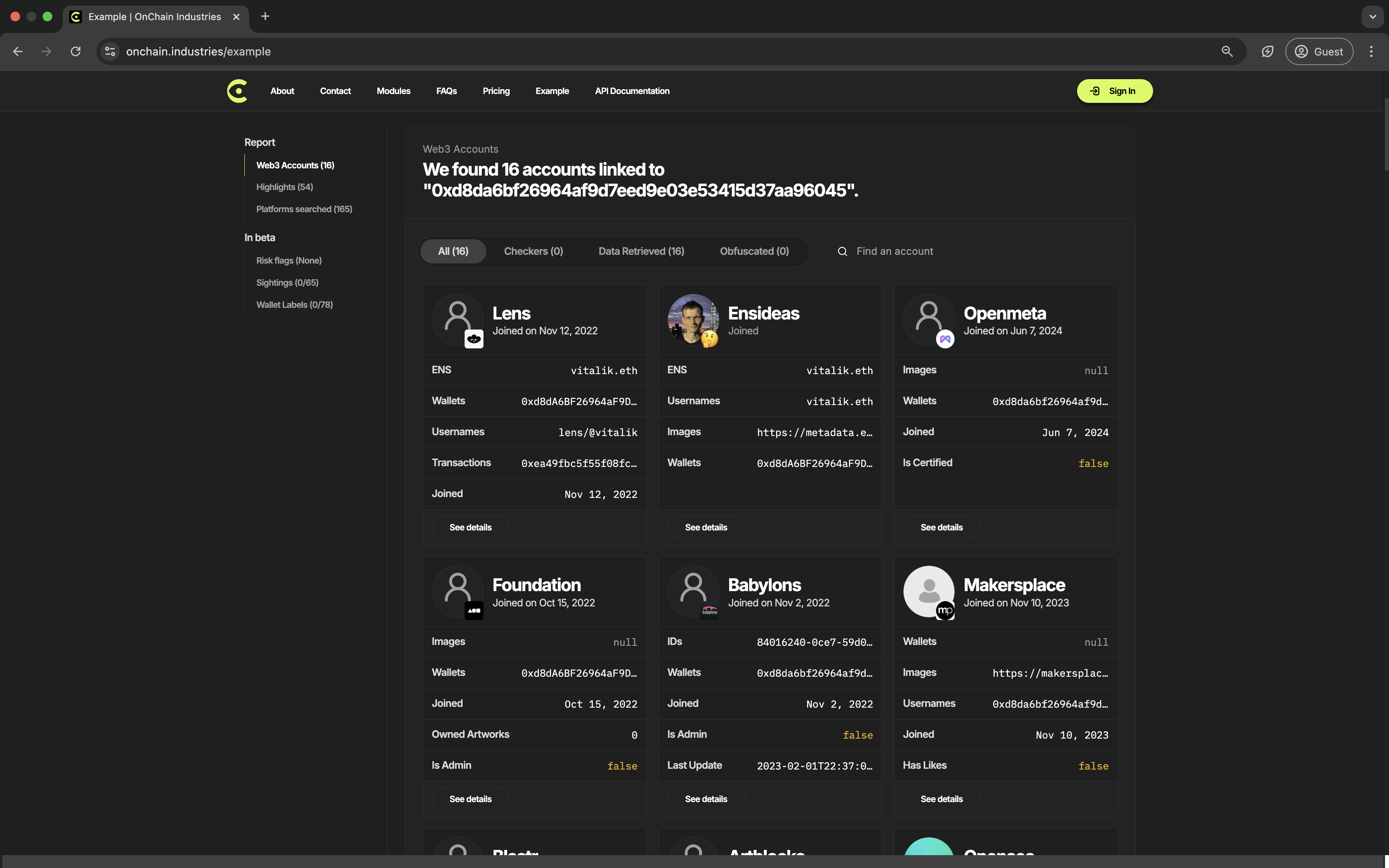 OnChain Industries Example Search - OnChain Industries