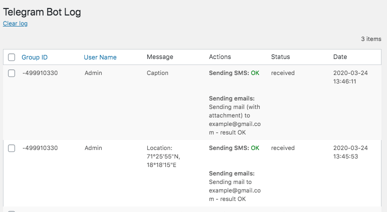 CreativeMinds WordPress Telegram Bot Plugin Bot Log showing group ID, messages and status