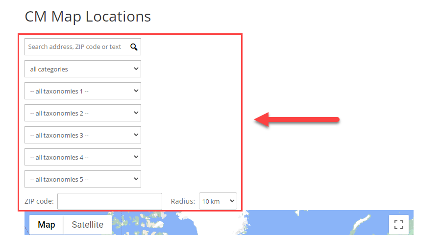 Creative Minds WordPress Multi Location Map Example of Map Filters