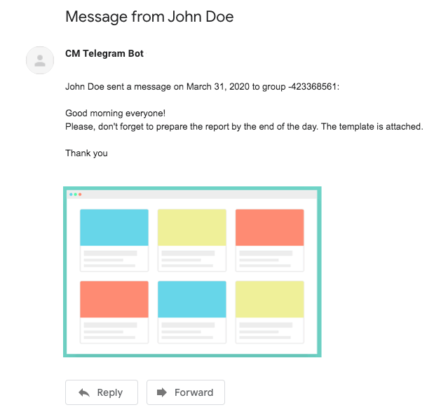 CreativeMinds WordPress Telegram Bot Plugin Sample email with date, text and image