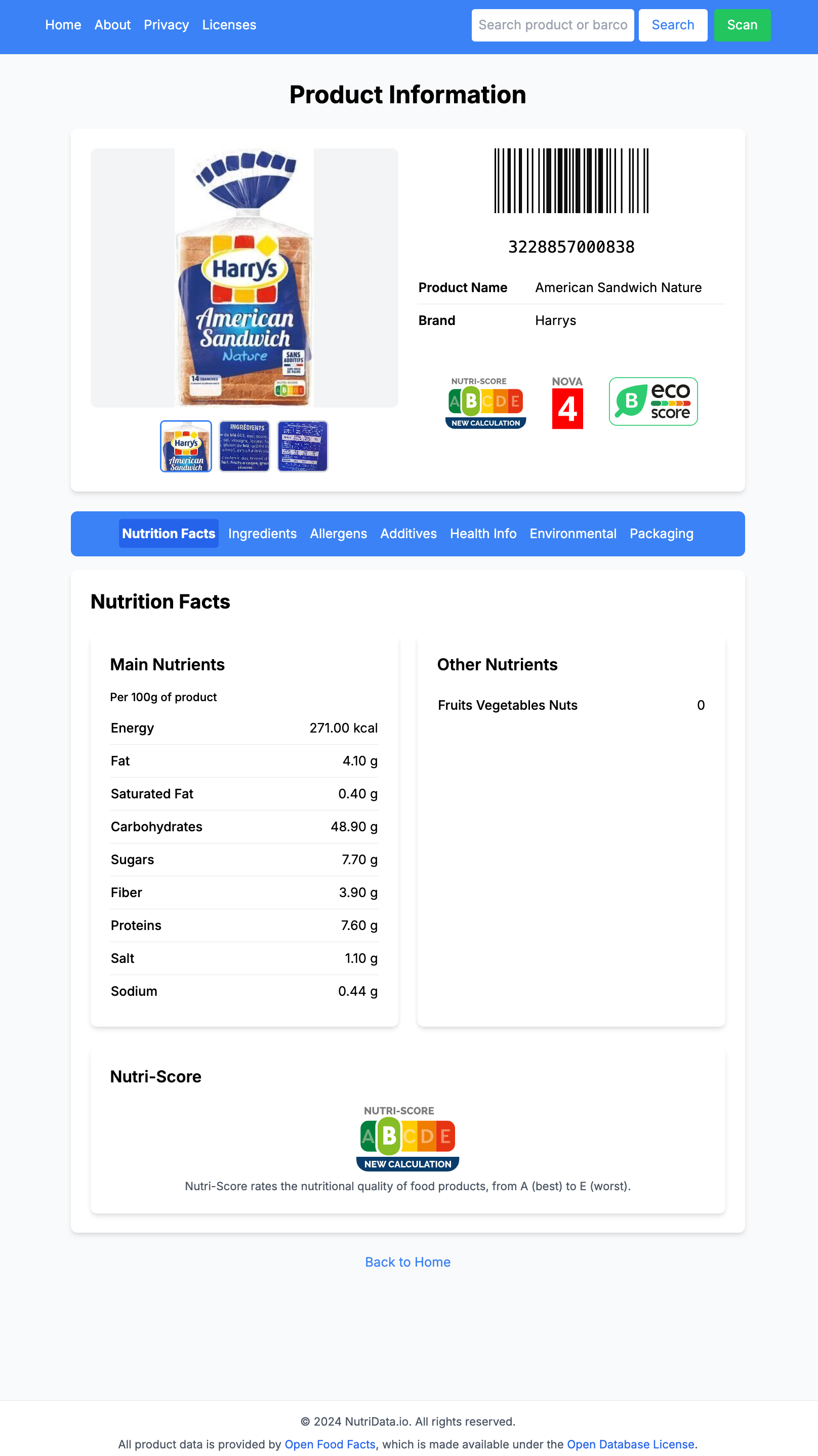 NutriData.io Some food page