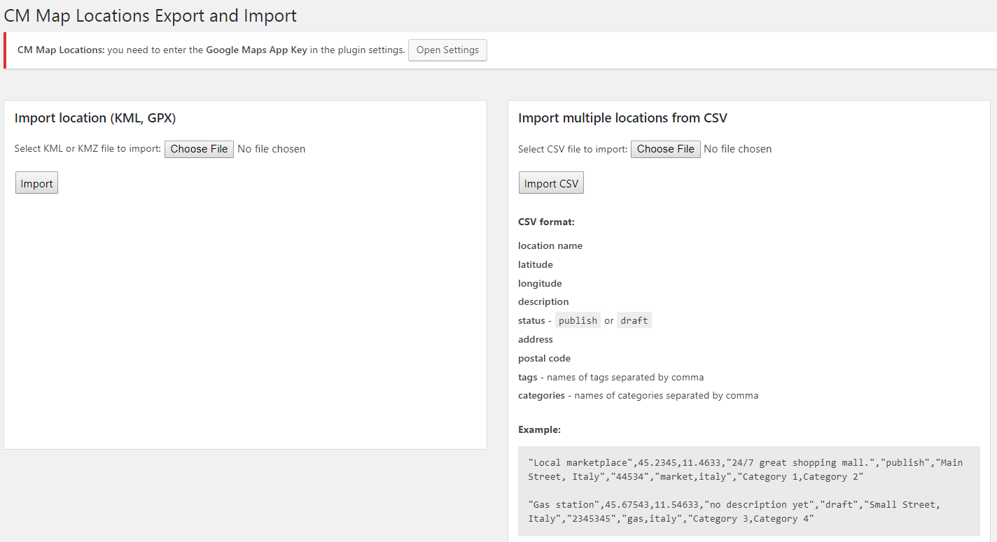 Creative Minds WordPress Multi Location Map Locations Import Screen